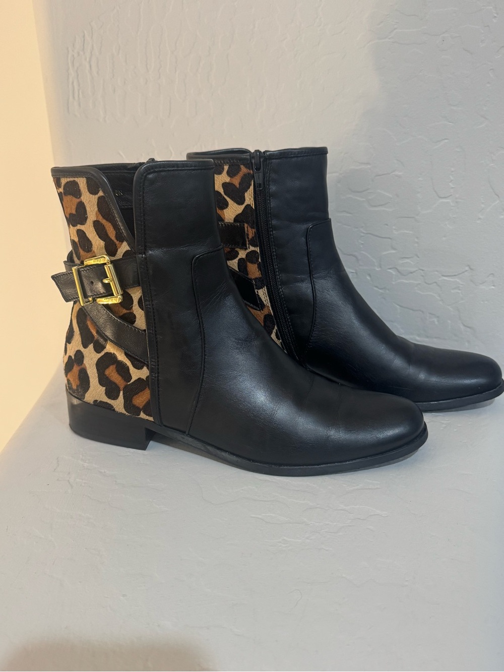 Vaneli Black Leather Ankle Boots with Leopard Print Panel